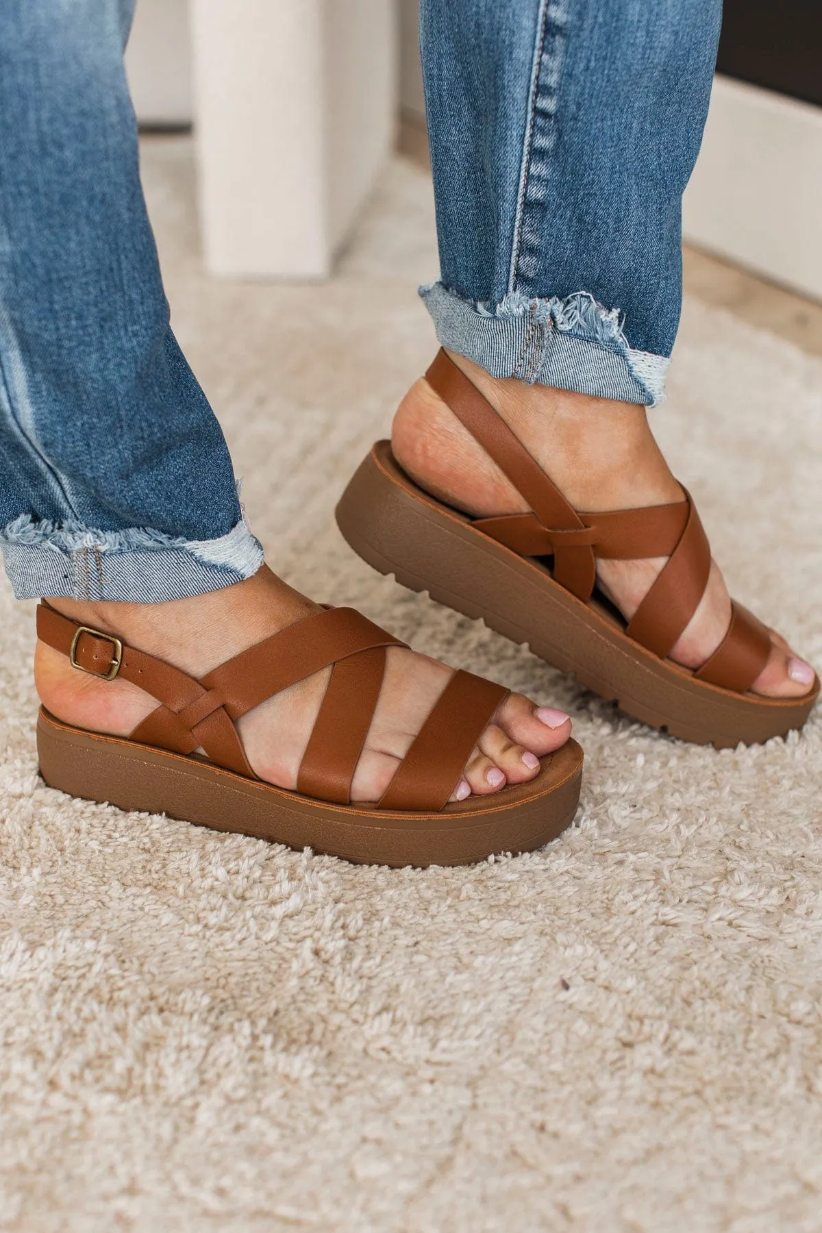 Soda Cloudy Platform Sandals- Cognac