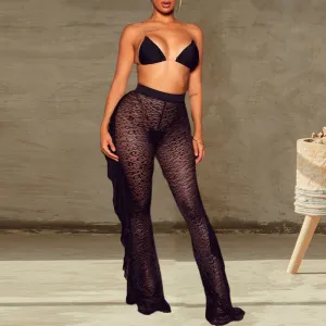 Solid Bra & Sheer Mesh Ruffles Pants Set