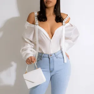 Solid Deep V-Neck Long Sleeve Buckle Decoration Mesh Blouse