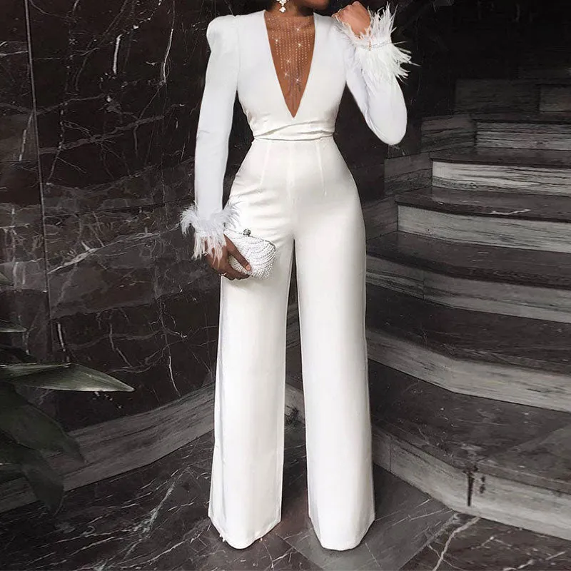 Solid Deep V-Neck Long Sleeve Sheer Mesh Patchwork Jumpsuit
