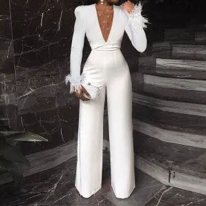 Solid Deep V-Neck Long Sleeve Sheer Mesh Patchwork Jumpsuit