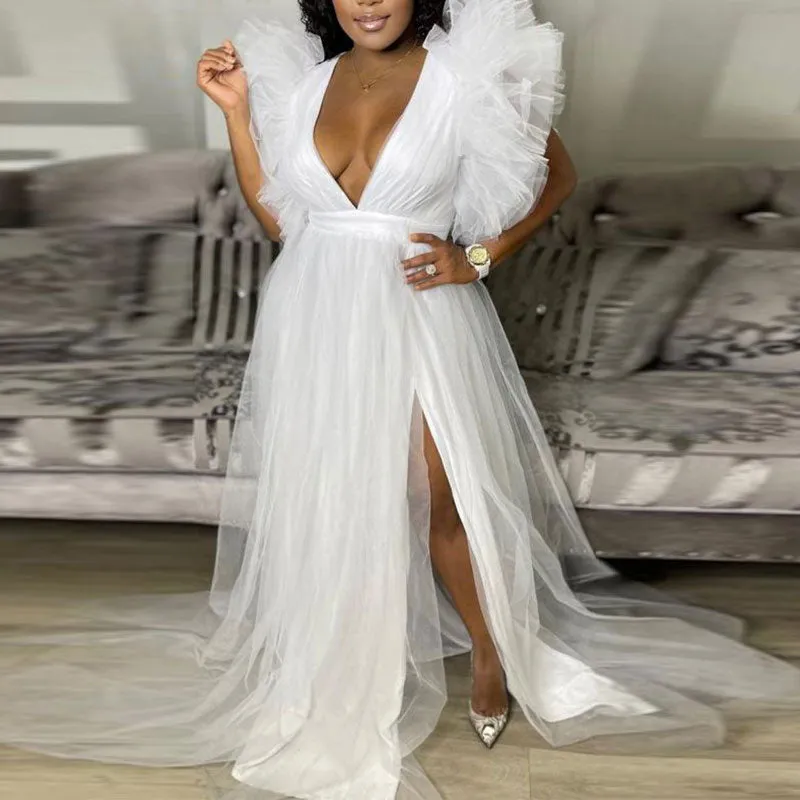 Solid Deep V-Neck Ruffles Sheer Mesh High Slit Dress
