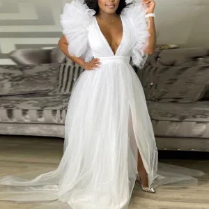 Solid Deep V-Neck Ruffles Sheer Mesh High Slit Dress