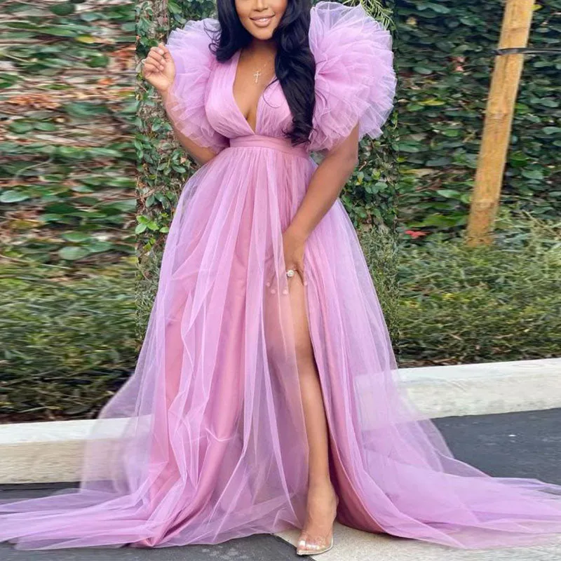 Solid Deep V-Neck Ruffles Sheer Mesh High Slit Dress