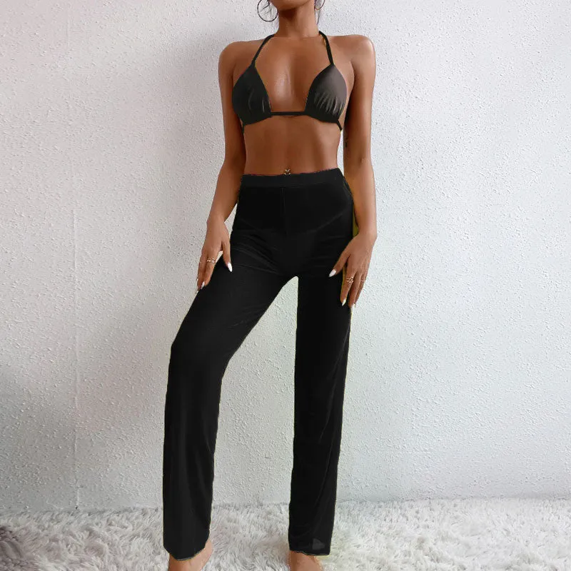 Solid Halter Sheer Mesh 3PCS Swimsuit Set