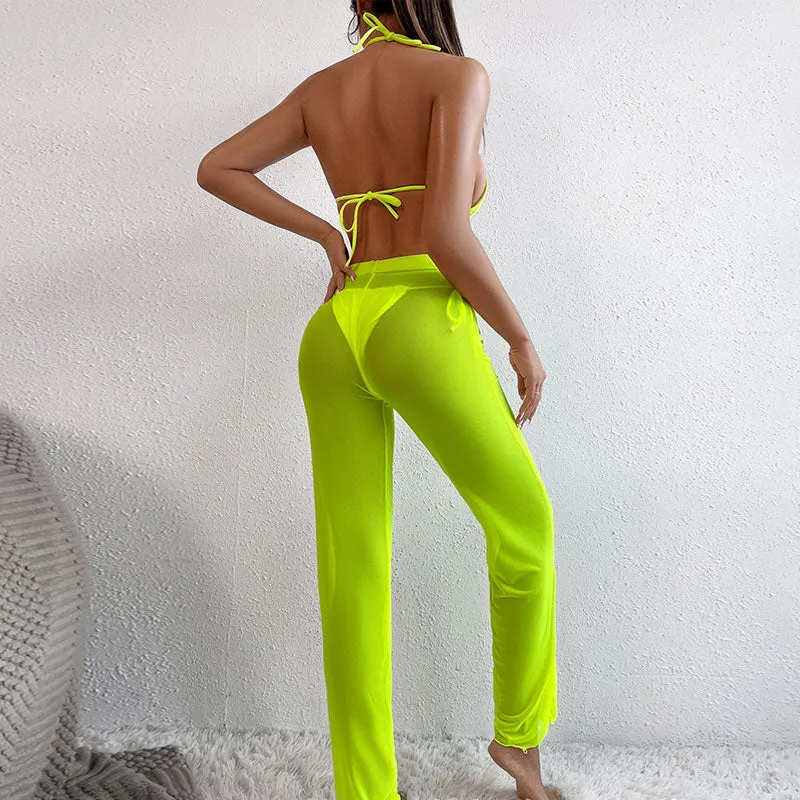 Solid Halter Sheer Mesh 3PCS Swimsuit Set