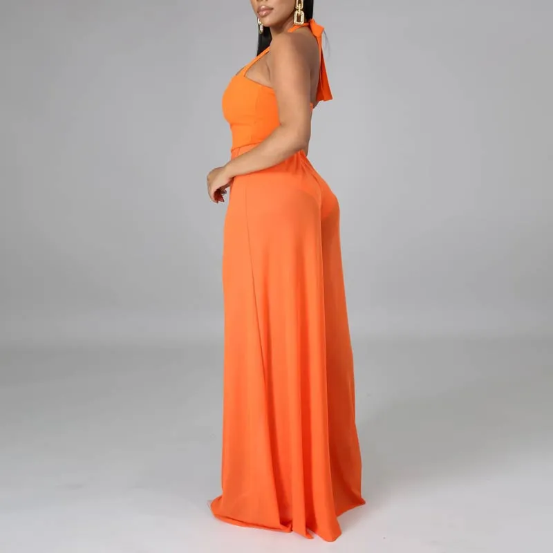Solid Halter Sheer Mesh See Through Jumpsuit