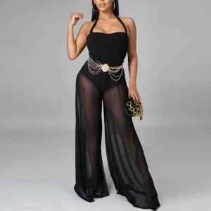 Solid Halter Sheer Mesh See Through Jumpsuit