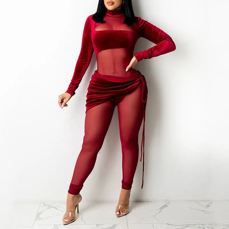 Solid Long Sleeve Sheer Mesh Patchwork 2PCS Jumpsuit