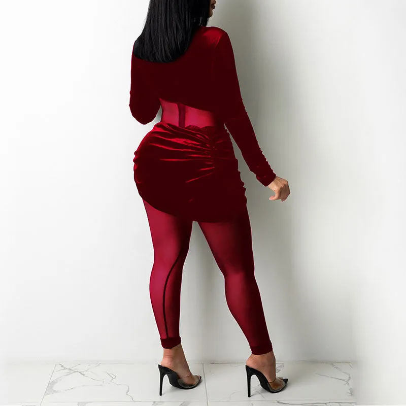 Solid Long Sleeve Sheer Mesh Patchwork 2PCS Jumpsuit