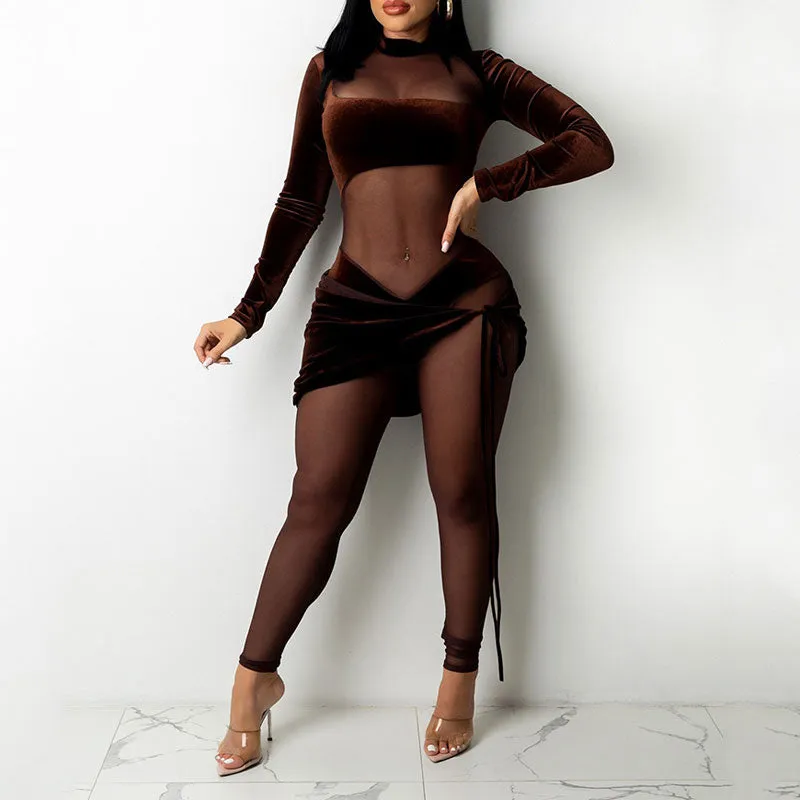 Solid Long Sleeve Sheer Mesh Patchwork 2PCS Jumpsuit