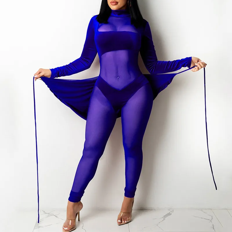 Solid Long Sleeve Sheer Mesh Patchwork 2PCS Jumpsuit