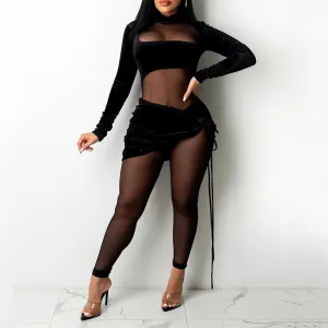 Solid Long Sleeve Sheer Mesh Patchwork 2PCS Jumpsuit