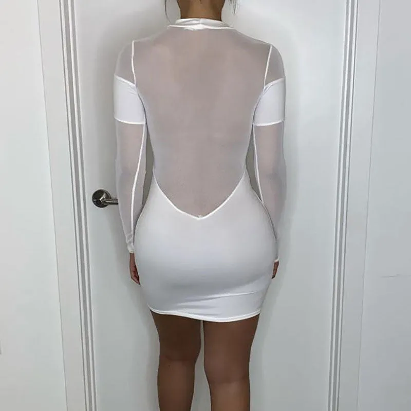Solid Long Sleeve Sheer Mesh Patchwork Bodycon Dress