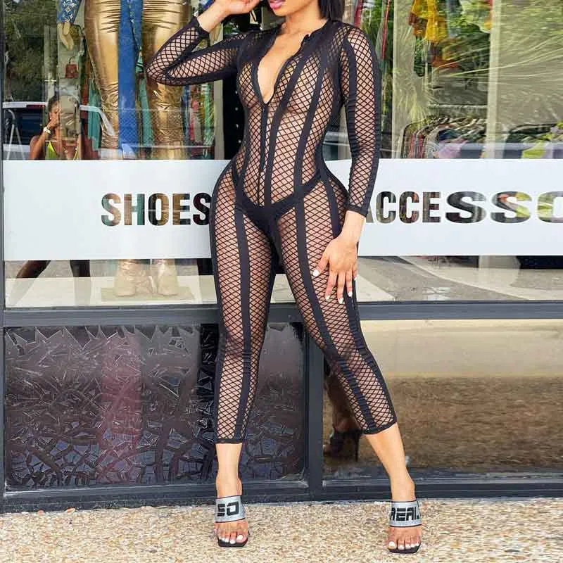 Solid Long Sleeve Zipper Design Sheer Mesh Jumpsuit