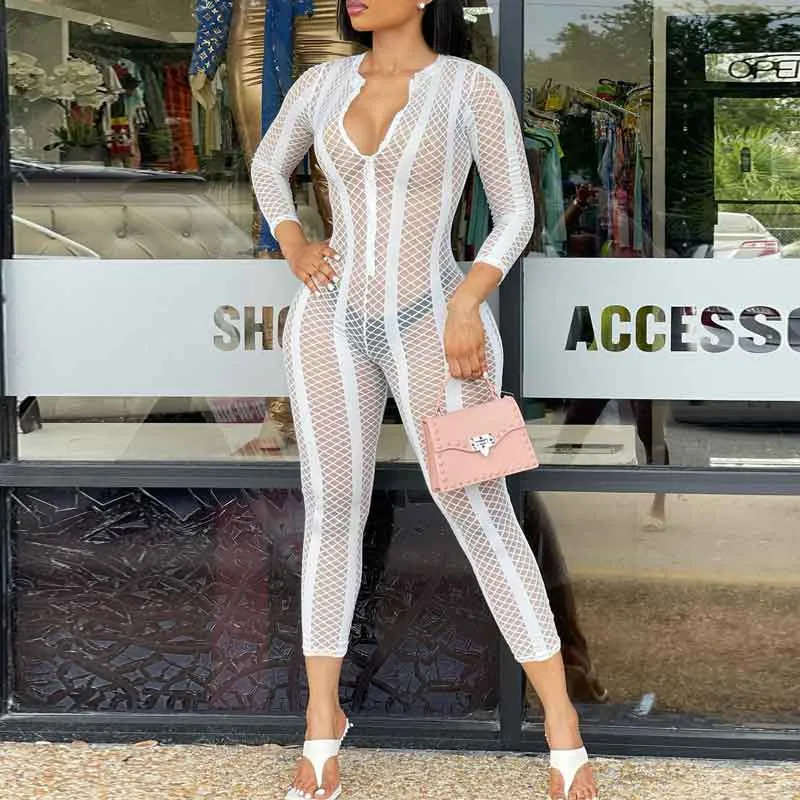 Solid Long Sleeve Zipper Design Sheer Mesh Jumpsuit