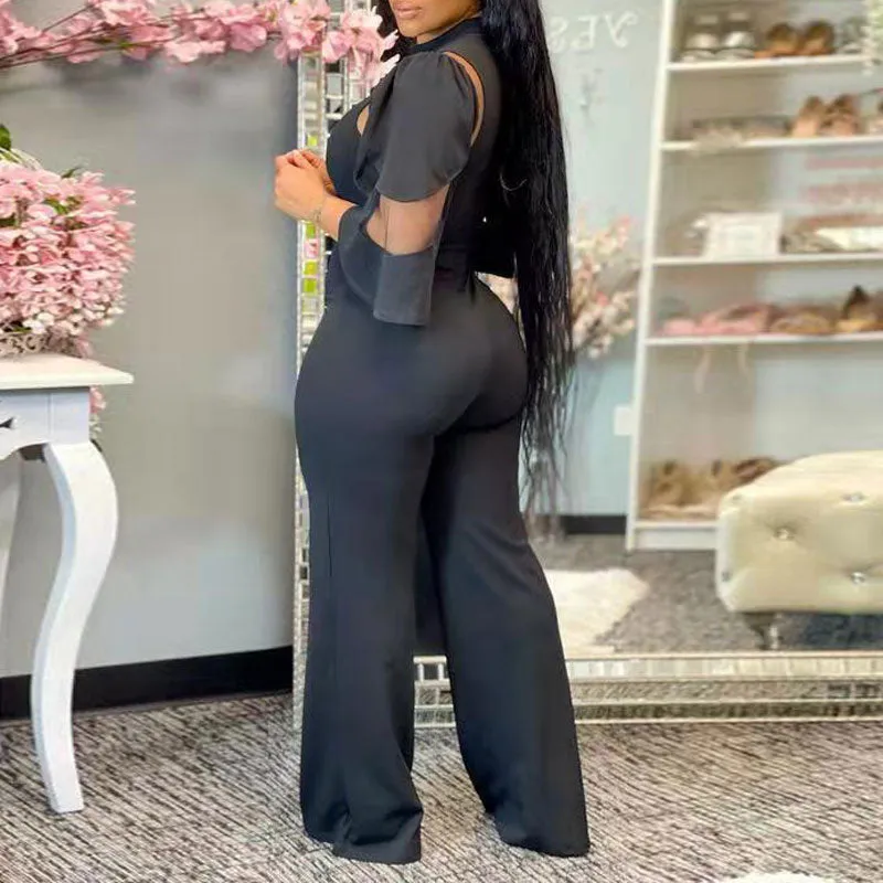 Solid Mesh Patchwork Wide Leg Jumpsuit