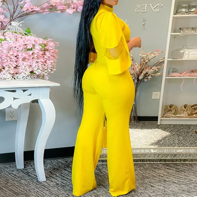 Solid Mesh Patchwork Wide Leg Jumpsuit