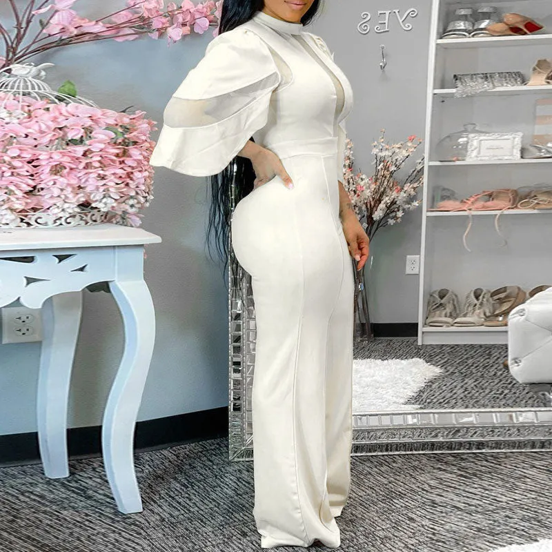 Solid Mesh Patchwork Wide Leg Jumpsuit