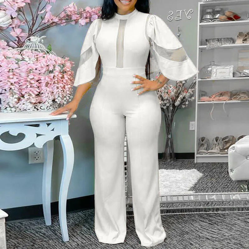 Solid Mesh Patchwork Wide Leg Jumpsuit
