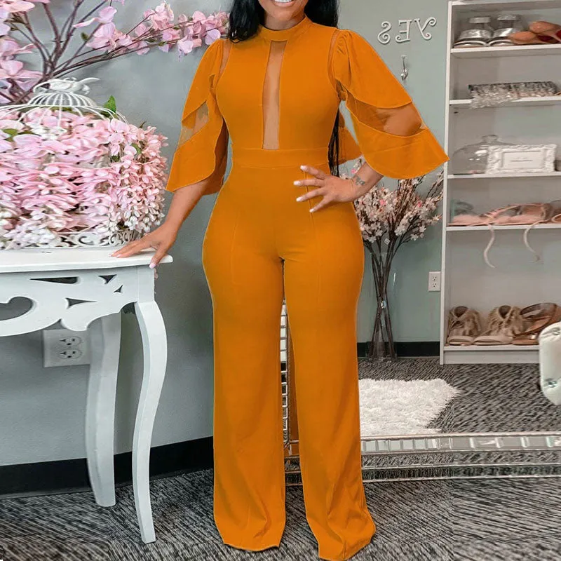 Solid Mesh Patchwork Wide Leg Jumpsuit