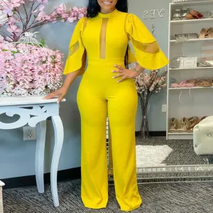Solid Mesh Patchwork Wide Leg Jumpsuit