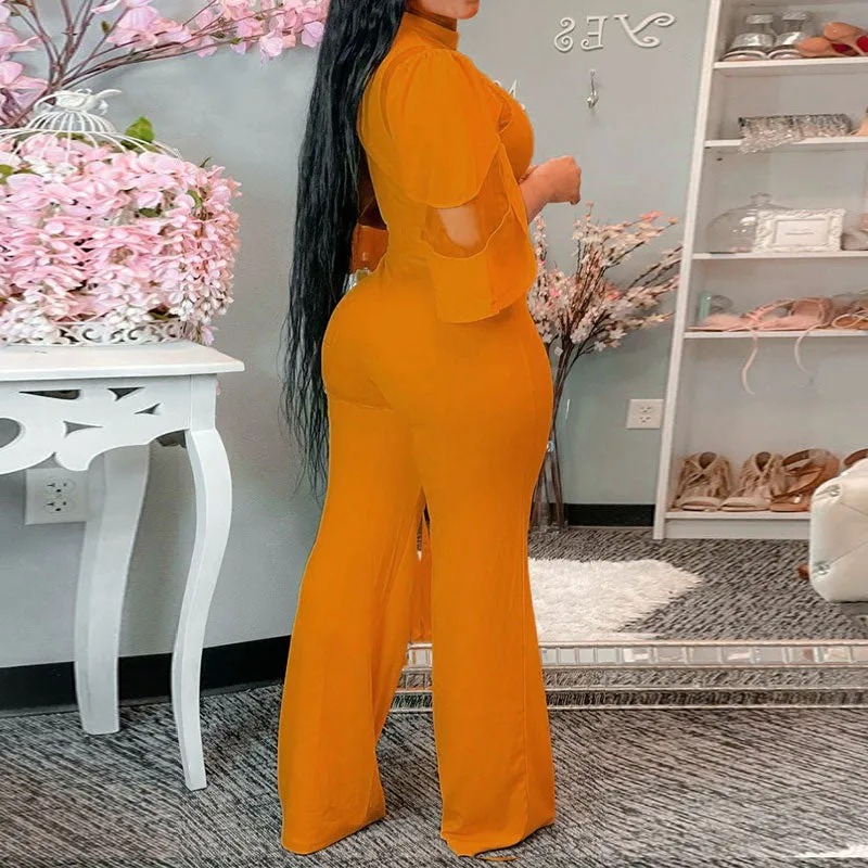 Solid Mesh Patchwork Wide Leg Jumpsuit