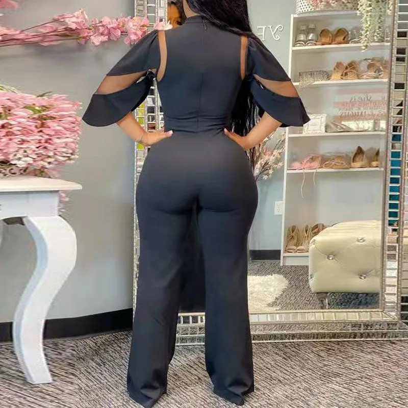 Solid Mesh Patchwork Wide Leg Jumpsuit