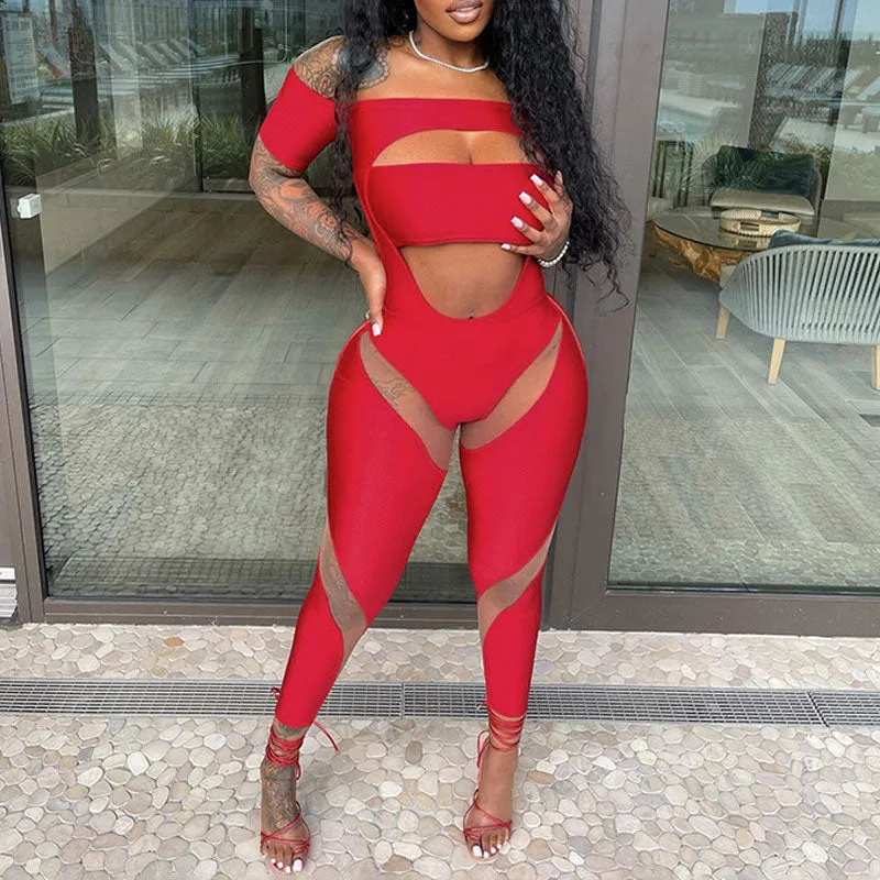 Solid Off Shoulder Cut Out Sheer Mesh Patchwork Jumpsuit