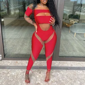 Solid Off Shoulder Cut Out Sheer Mesh Patchwork Jumpsuit