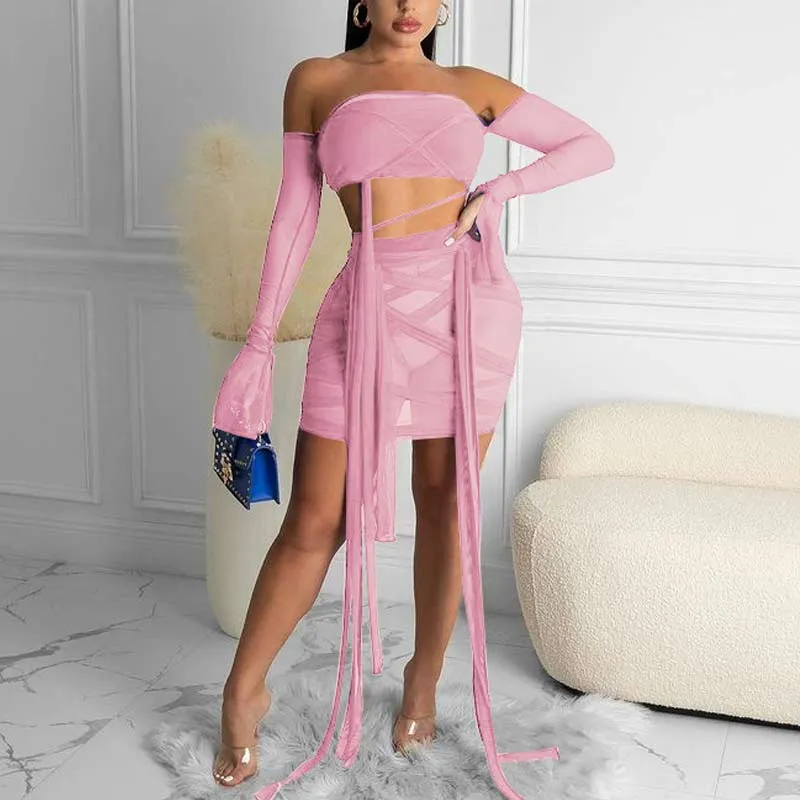 Solid Off Shoulder Flared Sleeve Sheer Mesh Bandage Skirt Set