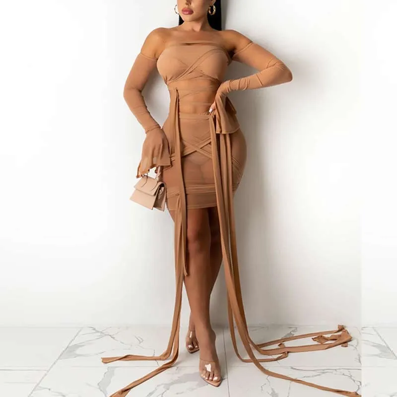 Solid Off Shoulder Flared Sleeve Sheer Mesh Bandage Skirt Set