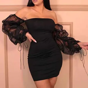 Solid Off Shoulder Ruched Sleeve Sheer Mesh Patchwork Bodycon Dress