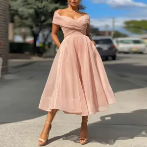 Solid Off Shoulder Sheer Mesh Pleated Dress