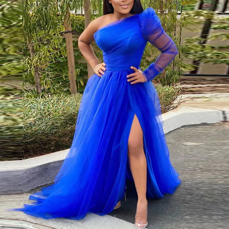 Solid One Shoulder Sheer Mesh High Slit Maxi Dress