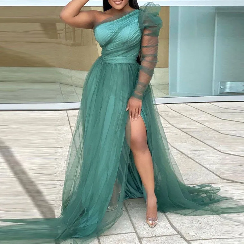 Solid One Shoulder Sheer Mesh High Slit Maxi Dress