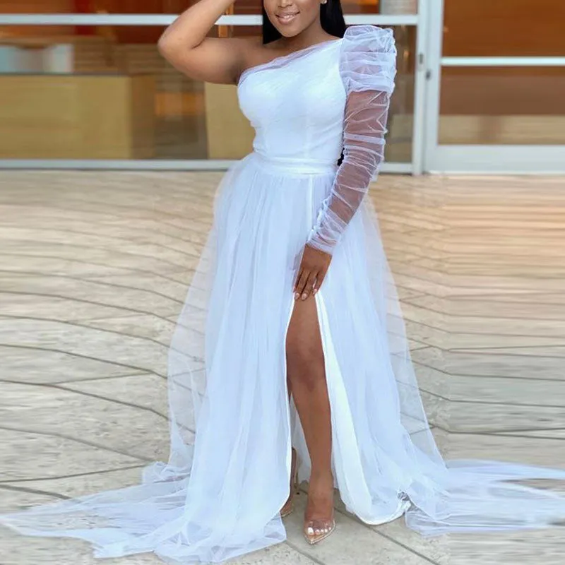 Solid One Shoulder Sheer Mesh High Slit Maxi Dress