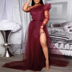 Solid One Shoulder Sheer Mesh High Slit Maxi Dress