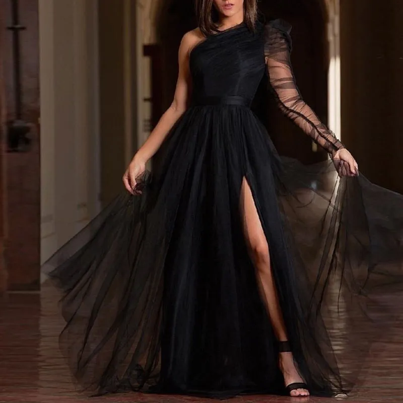 Solid One Shoulder Sheer Mesh High Slit Maxi Dress