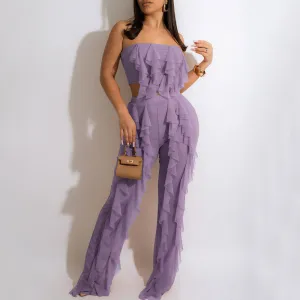 Solid Ruffle Design Off Shoulder Tube Top & Pants Set