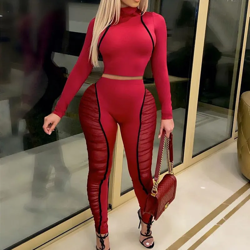 Solid Sheer Mesh Patchwork Long Sleeve Top & Pants Set