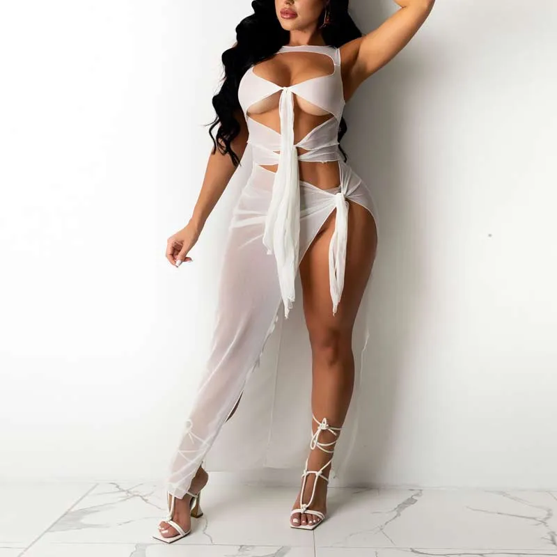 Solid Sleeveless Bandage Cut Out Sheer Mesh Dress