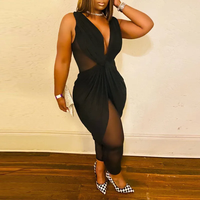 Solid Sleeveless Front Twisted Sheer Mesh Jumpsuit