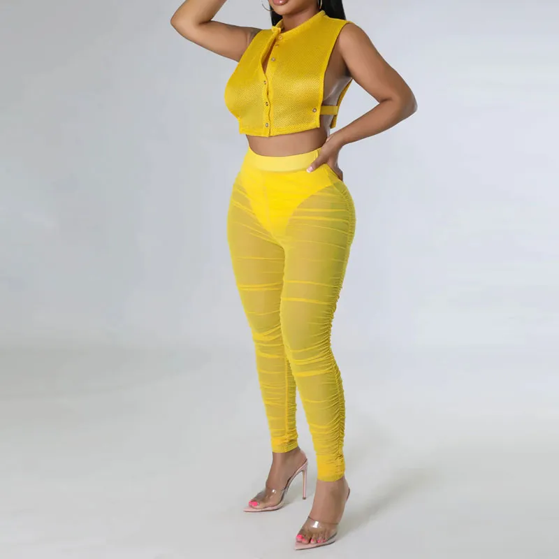 Solid Sleeveless Mesh Crop Top & Ruched Pants Set