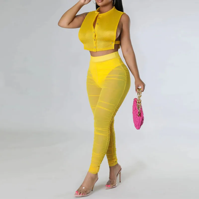 Solid Sleeveless Mesh Crop Top & Ruched Pants Set