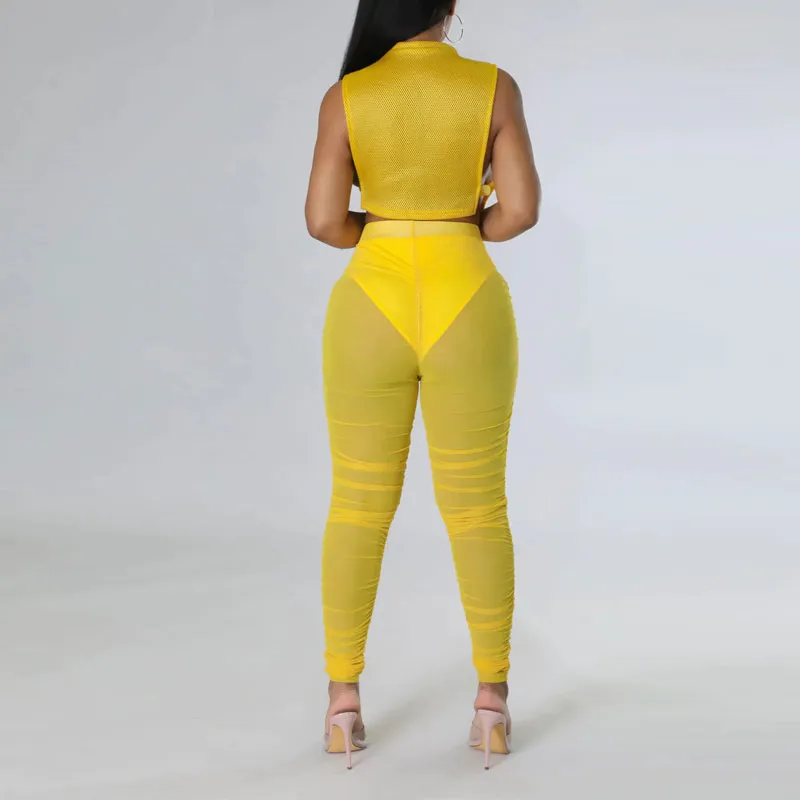 Solid Sleeveless Mesh Crop Top & Ruched Pants Set