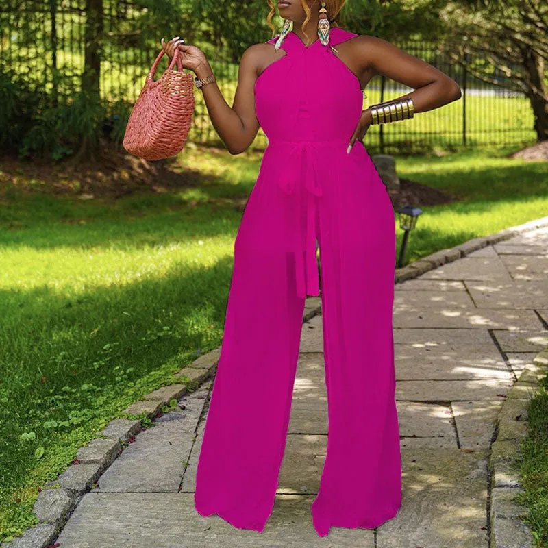 Solid Sleeveless Spaghetti Strap Mesh Jumpsuit