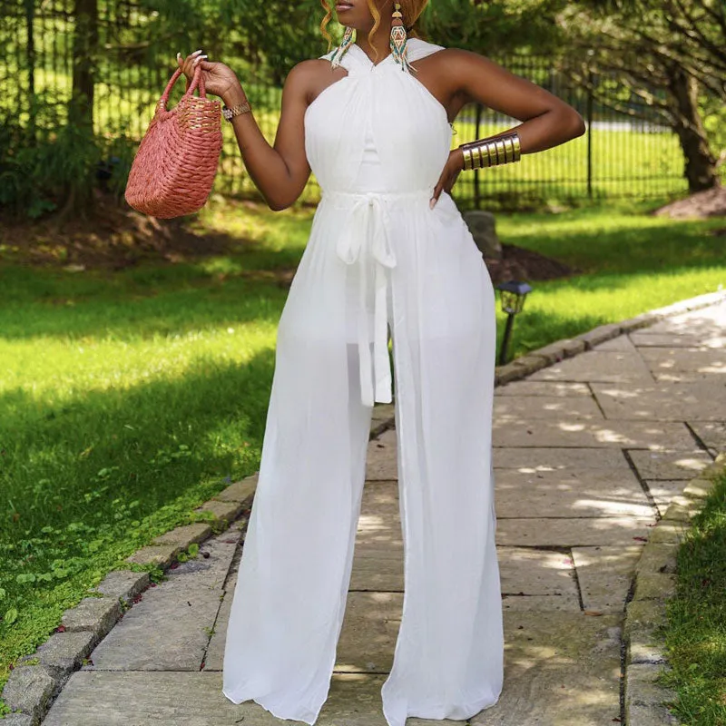 Solid Sleeveless Spaghetti Strap Mesh Jumpsuit