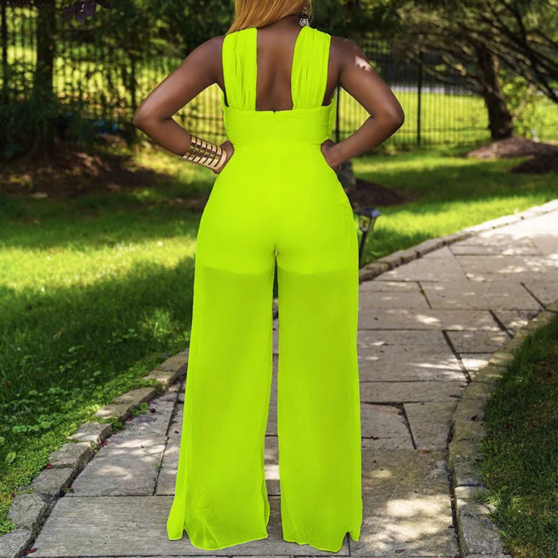 Solid Sleeveless Spaghetti Strap Mesh Jumpsuit
