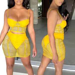 Solid Sleeveless Spaghetti Strap Sheer Mesh Two Piece Skirt Set